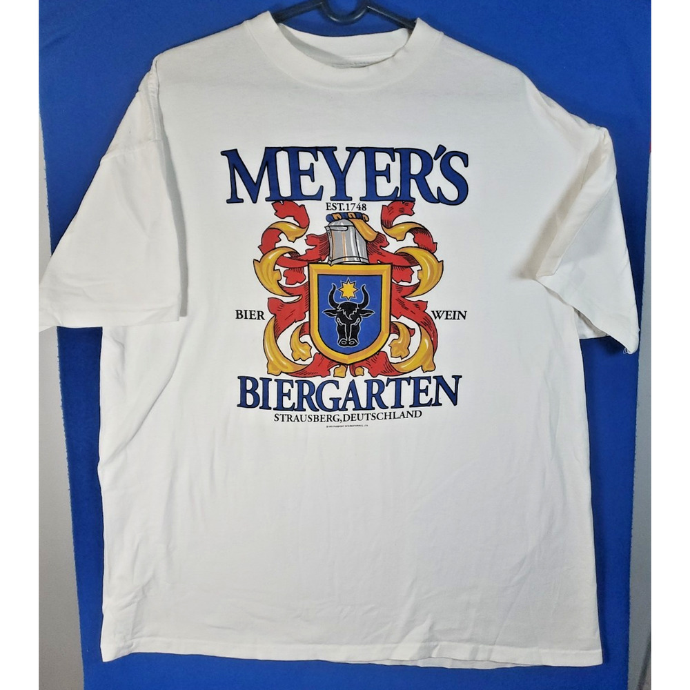 Vintage 90s Mens Shirt Size XXL MEYER'S BIERGARTEN Strausberg, Deutschland Beer